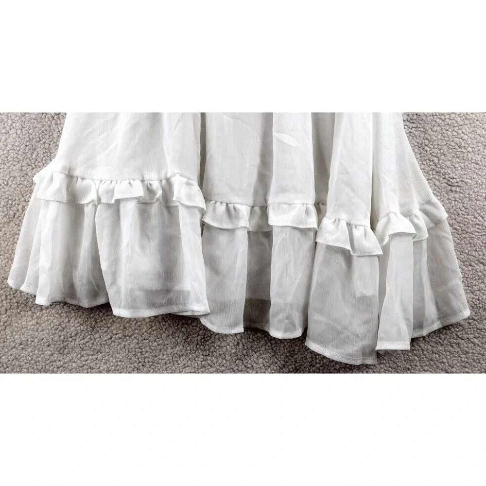Cottagecore Puff Sleeve Tie Front Ruffle Mini Dress Smocked Waist Womens S White